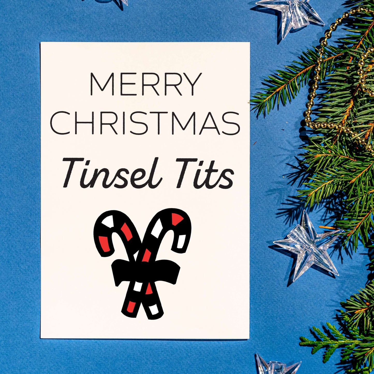 Little Kraken's Merry Christmas Tinsel Tits Funny Candycane Christmas White A5 Greeting Card, Christmas Cards for £3.50 each